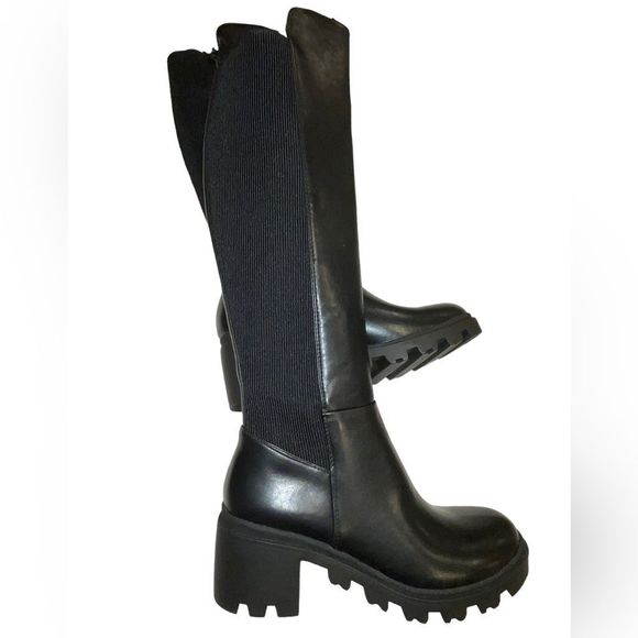 Beautiful Knee-High Stretch Panel Vegan 🌱 Leather Chunky Sole Boots - NWT - Picture 4 of 7